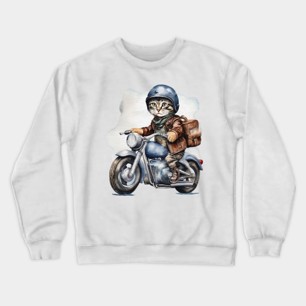 Cool street cat with black leather jacket riding a motorbike with backpack Crewneck Sweatshirt by JnS Merch Store